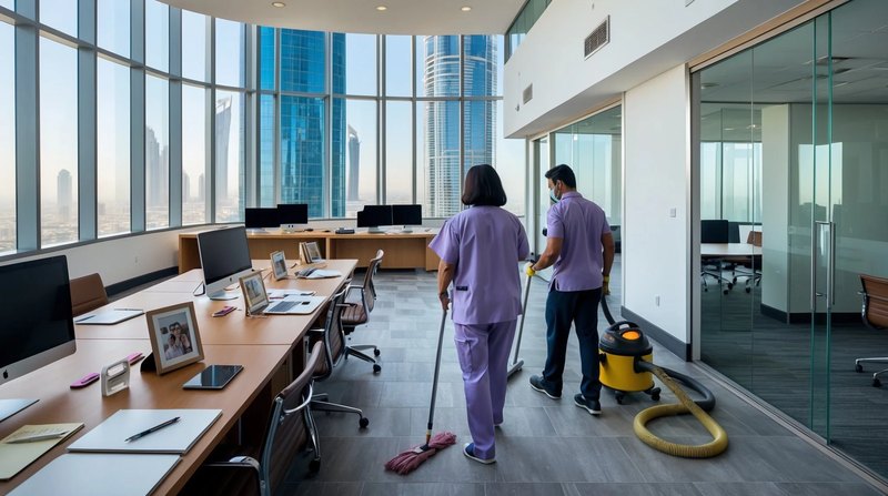 Two cleaners in Dubai from Lavender Housecare doing a deep clean of a beautiful office in Dubai. Cleaning floors, desks, computer equipment.