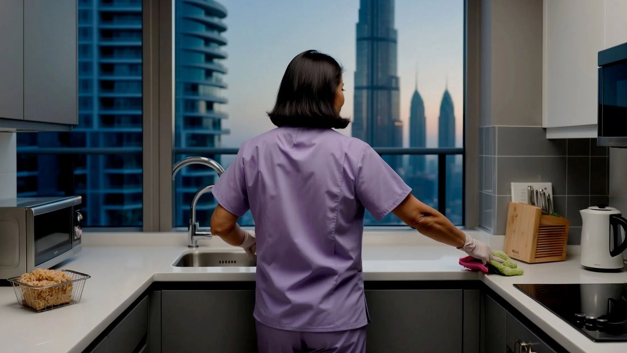 Lavender Housecare cleaner wiping a kitchen worktop in a Dubai apartment with the city skyline behind